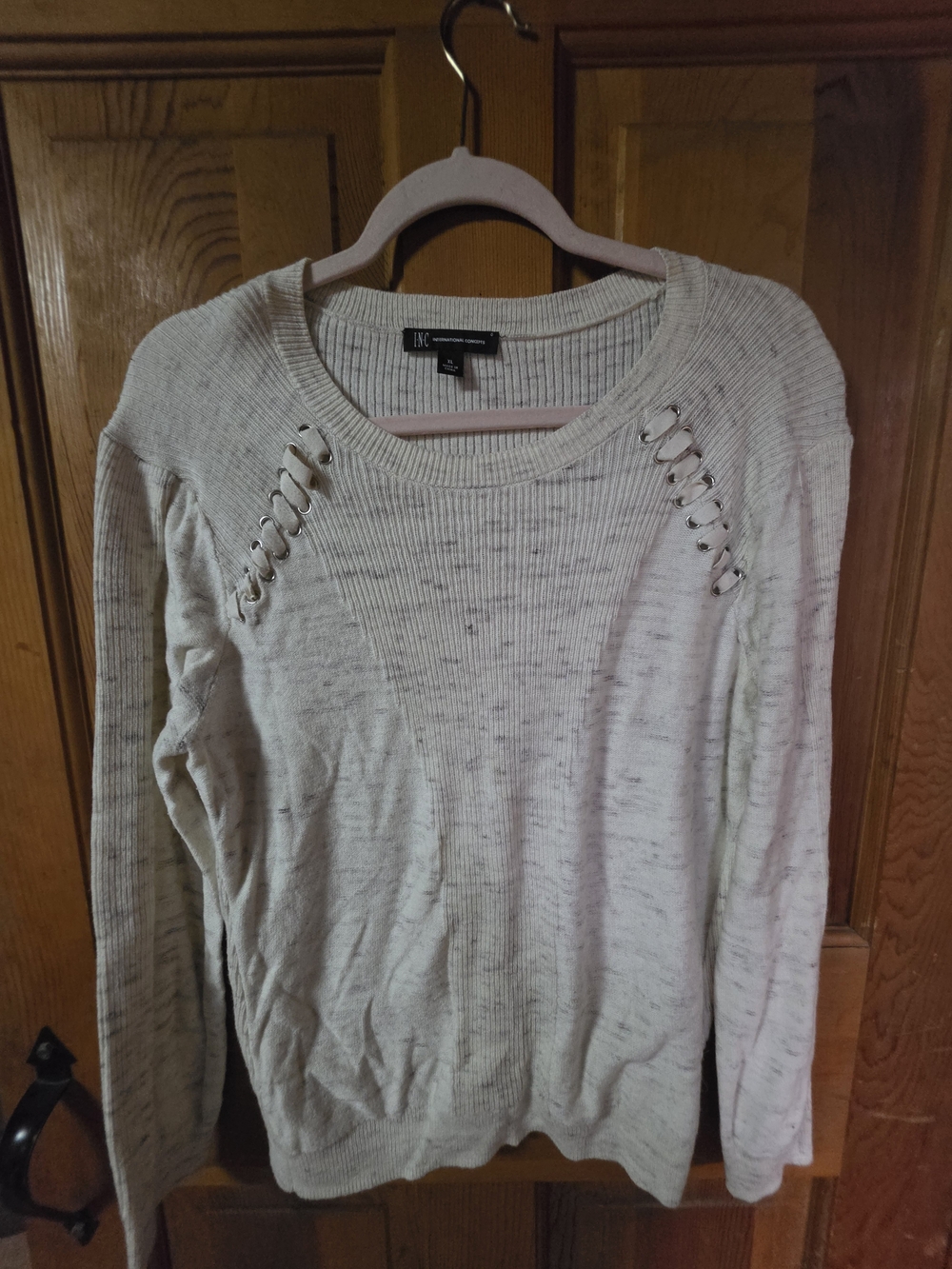 INC International Concepts Cream Lace-Up Shoulder Ribbed Sweater